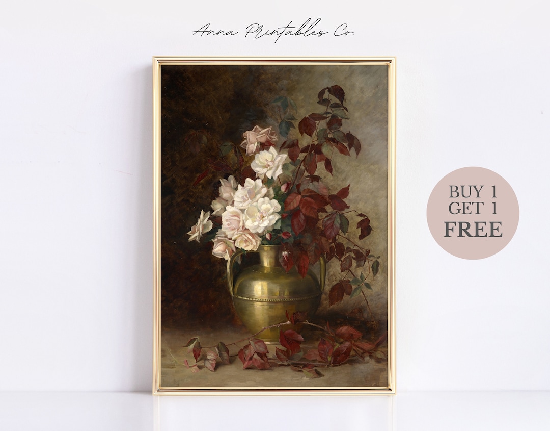 Flowers in Gold Vase Antique Floral Still Life Painting for Etsy