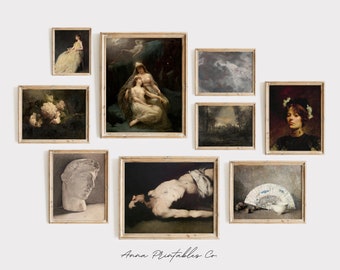 Set of 9 Dark Academia Antique Fine Art Prints for Digital Download | Vintage Gallery Wall Printable Artwork | Halloween Fine Art Prints