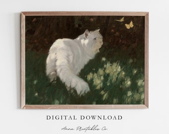 Butterfly Chase | Vintage Cat Painting for Digital Download | White Cat with Butterflies Printable Wall Art | Cottagecore Decor Art Prints