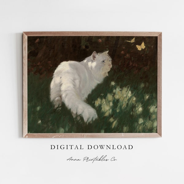 Butterfly Chase | Vintage Cat Painting for Digital Download | White Cat with Butterflies Printable Wall Art | Cottagecore Decor Art Prints