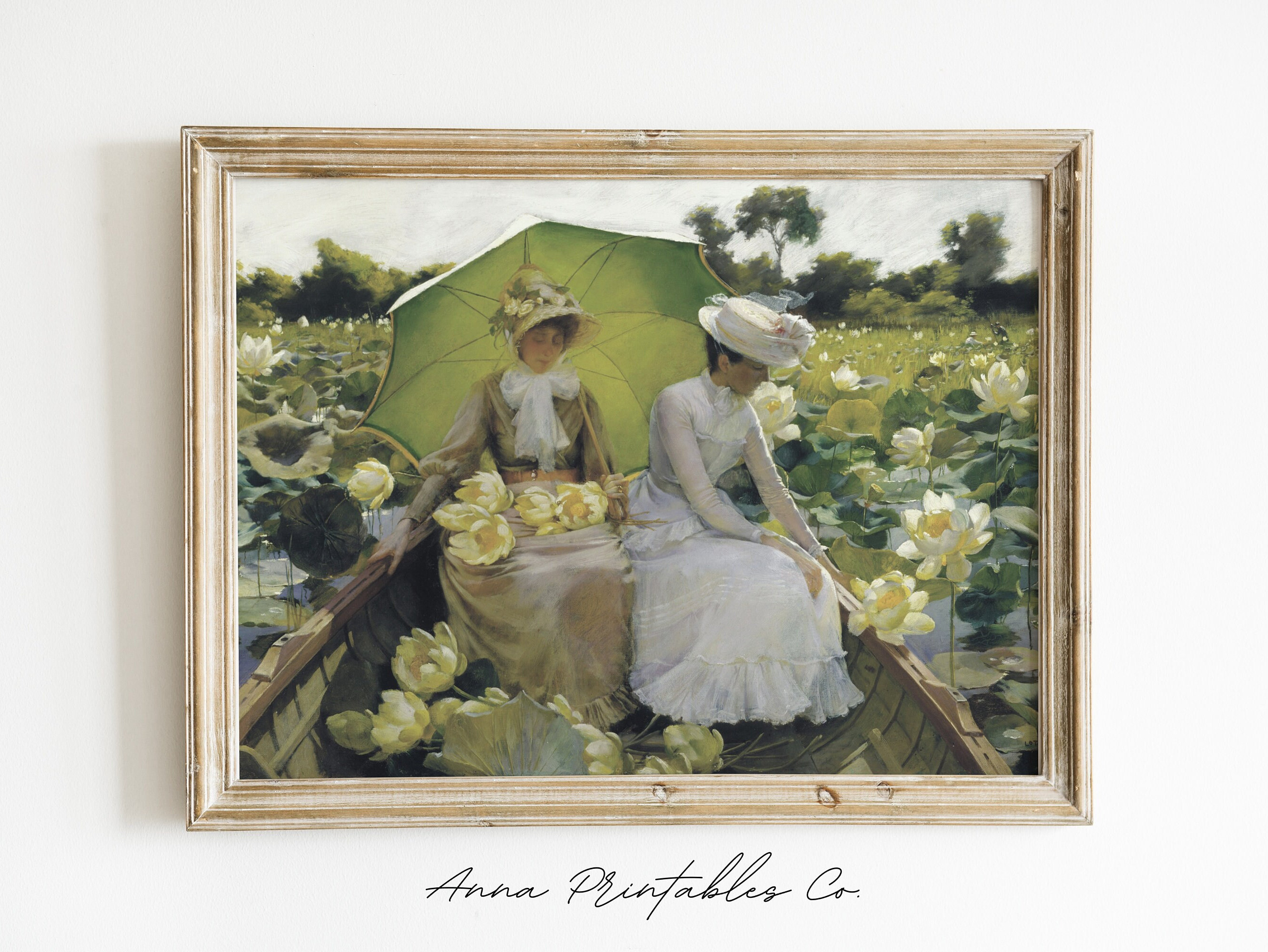 Picking Lilies | Antique Painting of Two Women in a Boat on a