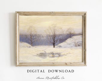 Vintage Hazy Winter Landscape Painting DIGITAL DOWNLOAD | Snowy Scene Printable Wall Art | Impressionist Artwork | Christmas Home Decor