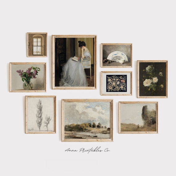 Vintage Gallery Wall Set of 9 Fine Art Prints for Digital Download | Antique Victorian Printable Wall Art | Maximalist Decor |Moody Neutrals