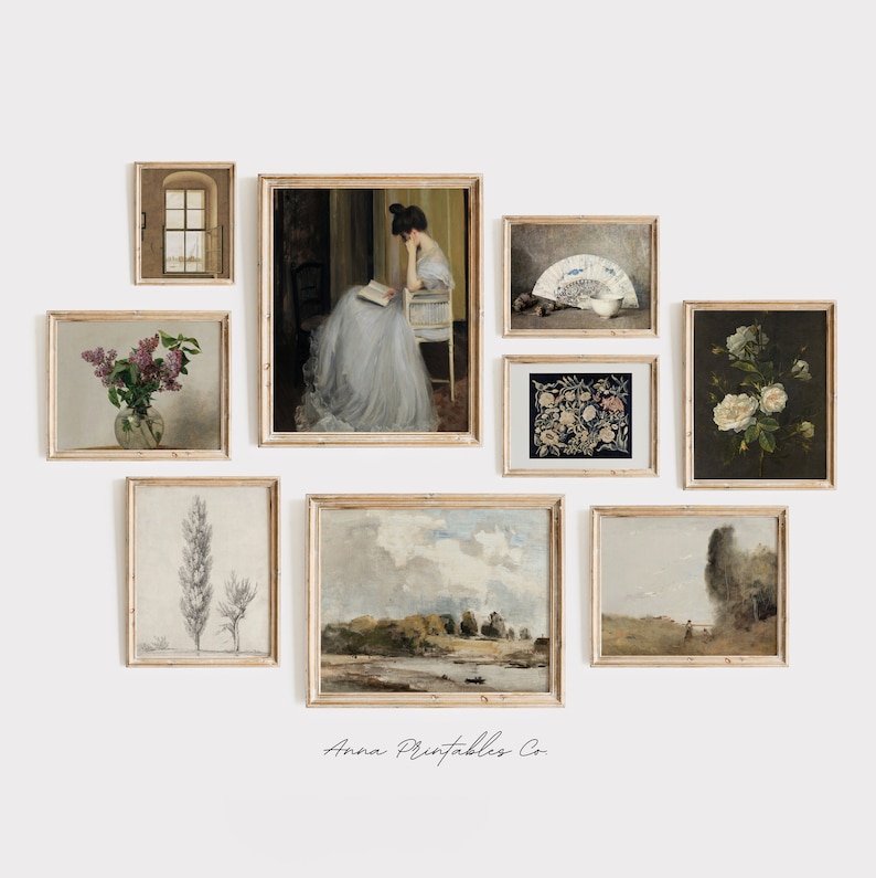 May include: A gallery wall featuring nine framed prints with various subjects, including a woman reading a book, a floral arrangement, a landscape, and a fan. The frames are all made of natural wood and have a simple, elegant design. The prints are all in muted tones and create a cohesive and calming aesthetic.