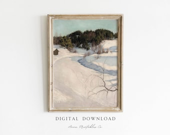 Antique Winter Hillside Landscape Painting DIGITAL DOWNLOAD | Vintage Christmas Printable Wall Art | Rustic Nature Print | Holiday Decor