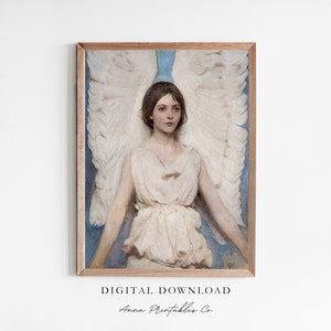 May include: A painting of an angel with large white wings. The angel is wearing a white robe and has long brown hair. The background is a blue and white sky.