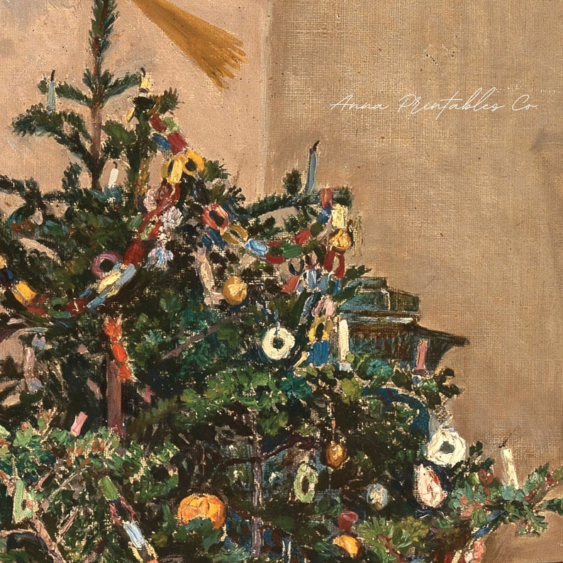 Pode incluir: Uma pintura de uma &aacute;rvore de Natal decorada com ornamentos coloridos, fitas e velas. A &aacute;rvore est&aacute; em uma sala com uma parede marrom e uma vassoura no fundo. O texto "Anna Pintables Co." &eacute; vis&iacute;vel no canto superior direito da pintura.