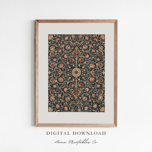 Wandtapijt VI | Vintage Tapestry Art Print voor digitale download | Antieke textiel afdrukbare muurkunst | Blauw en beige wanddecoratie | Fijne kunst