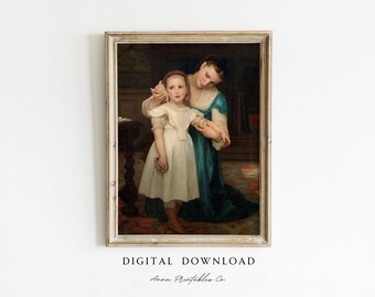 Mother and Child with Seashell Painting DIGITAL DOWNLAOAD | Dark Academia Aesthetic Printable Wall Art | William Bouguereau Print Decor