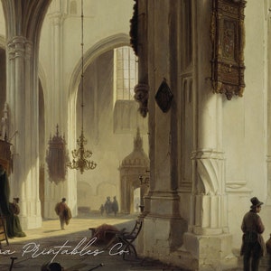 May include: A painting depicting the interior of a large, light-filled church. The scene features tall pillars, arched doorways, and a chandelier hanging from the ceiling. Several figures are visible, including two men standing near a pillar in the foreground.