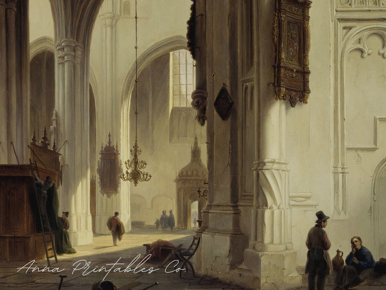 May include: A painting depicting the interior of a large, light-filled church. The scene features tall pillars, arched doorways, and a chandelier hanging from the ceiling. Several figures are visible, including two men standing near a pillar in the foreground.