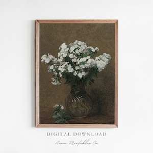 Witte Phloxen | Antiek stilleven schilderij voor digitale download | Vintage bloemboeket afdrukbare muurkunst | Humeurige bloemen Fine Art Print