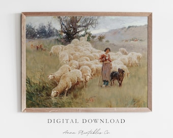 The Shepherdess Antique Sheep Herd Painting for Digital Download