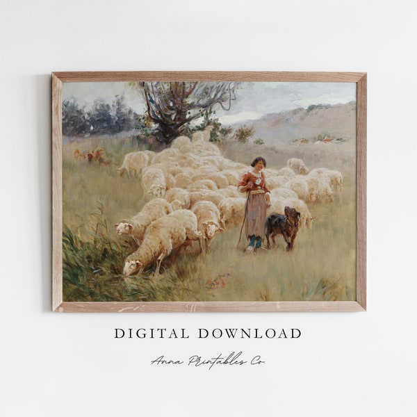 The Shepherdess | Antique Sheep Herd Painting for Digital Download | Vintage Pastoral Printable Wall Art | Cottagecore Decor Farmhouse Print