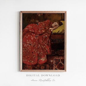 Woman in a Red Dress Resting Antique Oil Painting Digital Download, Vintage Portrait Painting Printable Wall Art, Red Art Print Download