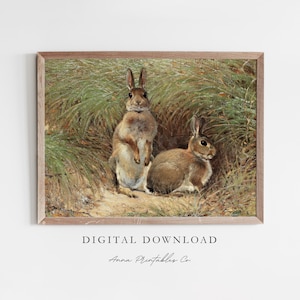 Rabbits in the Grass | Antique Bunny Rabbit Painting for Digital Download | Cottagecore Printable Wall Art | Woodland Animal Painting