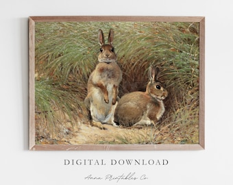 Rabbits in the Grass | Antique Bunny Rabbit Painting for Digital Download | Cottagecore Printable Wall Art | Woodland Animal Painting