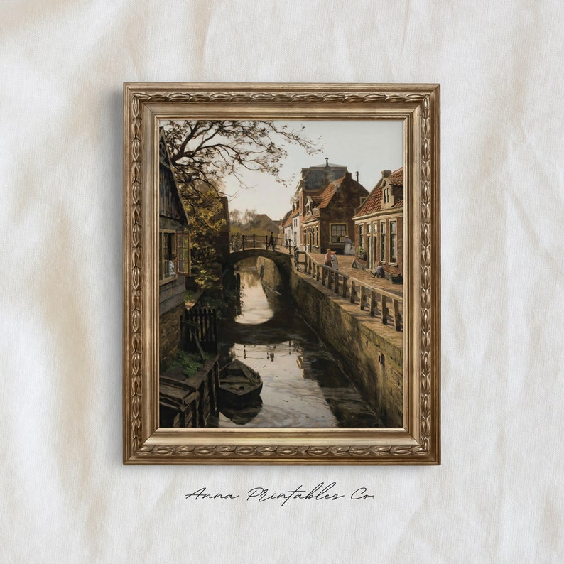 Canal Bridge | Antique Oil Painting of a German Town With a Canal for ...