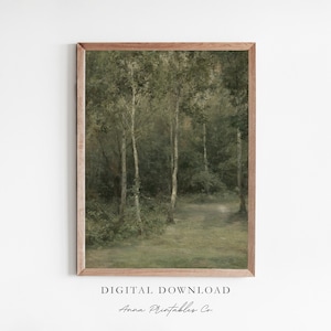 Forest Scene Vintage Oil Painting for Digital Download, Antique Green Printable Wall Art, Forestcore Art Prints, Farmhouse Decor