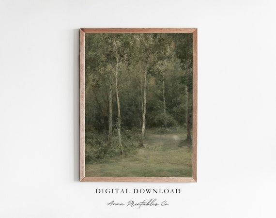 Forest Scene Vintage Oil Painting for Digital Download, Antique Green Printable Wall Art, Forestcore Art Prints, Farmhouse Decor