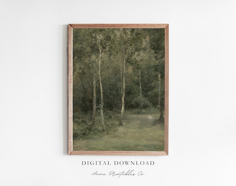 May include: A digital download of a painting depicting a forest scene with tall trees and a path leading into the woods. The painting is in shades of green and brown, with a soft, muted color palette.