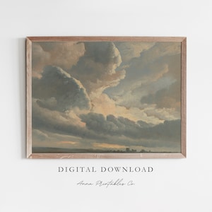 May include: A digital download of a painting depicting a dramatic sky with large, fluffy clouds in shades of gray, white, and light pink. The clouds are illuminated by a warm, golden light, creating a sense of depth and movement. The horizon is visible in the distance, with a faint outline of trees or buildings.