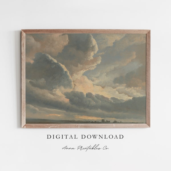 Vintage Cloud Painting Digital Download, Printable Wall Art Antique Painting, Countryside Painting, Antique Oil Painting, Light Academia Art