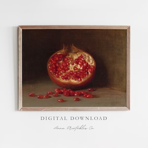 Pomegranate | Vintage Fruit Painting for Digital Download | Antique Kitchen Printable Wall Art | Moody Art Prints | Dark Academia Home Decor