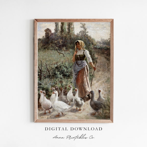 The Goose Girl | Antique Painting of Girl with Geese for Digital Download | Vintage Fairytale Printable Wall Art | Victorian Painting Decor