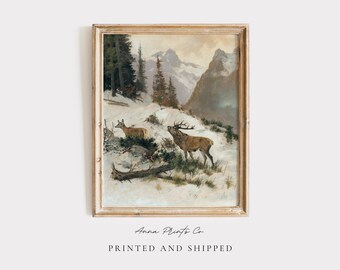 Vintage Painting Roe Deer in a Mountain Landscape DIGITAL DOWNLOAD | Antique Winter Printable Wall Art Rustic Animal Artwork Fine Art Print