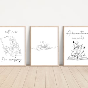 Minimalistische lesende Wandkunst, 3er-Set Drucke, Bücherwurm Wandkunst, Buchliebhaber Wanddekor, Bücherwurm Geschenk, lesende Wandkunst, lesende Kunst