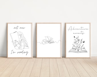 Minimalist Reading Wall Art Bundle, Set of 3 Prints, Bookish Wall Art, Book Lovers Wall Decor, Bookworm Gift, Reading Wall Art, Reading Art