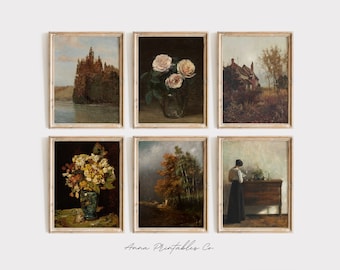May include: Set of six printable art prints featuring vintage paintings of flowers, landscapes, and a woman in a room. The prints are in a rustic style with a light brown frame.
