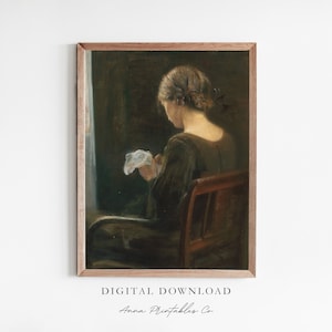 Frau näht | Antike viktorianische Portraitmalerei Digitaler Download | Stimmungsvolle Vintage druckbare Kunst | Dark Academia Decor Kunstdruck