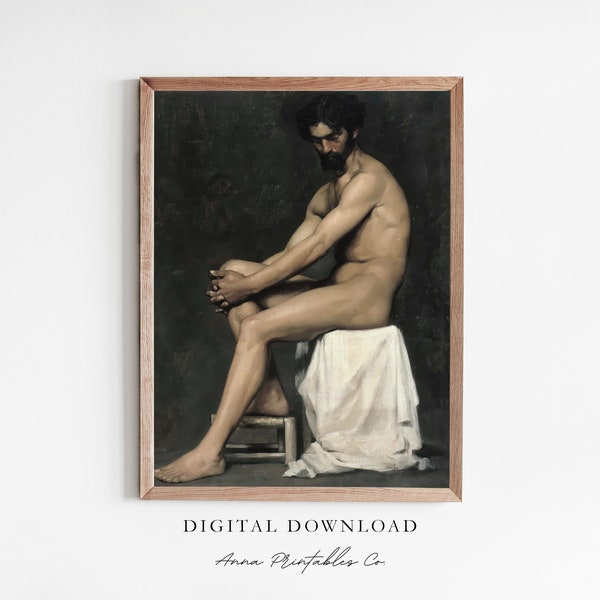 Seated Man | Antique Male Nude Study Painting for Digital Download | Dark Academia Printable Wall Art | Moody Wall Decor | Fine Art Prints