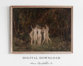 Nymphs Dancing in the Night Antique Painting Digital Download, Goblincore Printable Wall Art, Dark Academia Decor Art Prints, Witchy Art