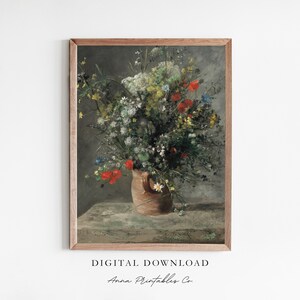 Bloemen in een kan | Antieke bloemboeket schilderij digitale download | Vintage humeurige bloemen afdrukbare muurkunst | Rustiek boerderijdecor