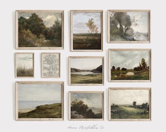May include: A collection of nine framed landscape paintings in various shades of green, brown, and blue. The paintings depict scenes of nature, including trees, fields, rivers, and mountains. The frames are all made of wood and have a light brown finish. The text "Anna Printables Co." is visible at the bottom of the image.