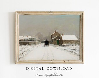 Vintage Snowy Village Road Painting DIGITAL DOWNLOAD | Antique Winter Landscape Printable Wall Art Beautiful Christmas Fine Art Print Decor