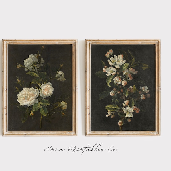 Roses and Tulips Set of 2 | Antique Set of Still Life Paintings for Digital Download | Dark Academia Decor Printable Wall Art | Moody Floral