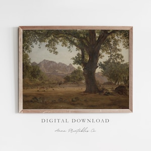 Tree with Mountain Landscape Vintage Oil Painting Digital Download, Tree Painting Printable Wall Art, Vintage Wall Art Prints, Antique Art