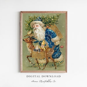 Vintage Santa Clause Poster Digital Download, Antique Christmas Printable Wall Art, Reindeer Art Print Download, Seasonal Decor, Holiday Art