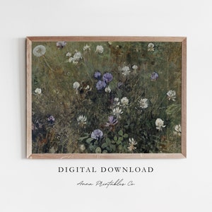 Peinture à l&#39;huile vintage champ de trèfles et pissenlits pour téléchargement numérique | Art mural imprimable Cottagecore | Impressions d&#39;art de peinture florale de mauvaise humeur