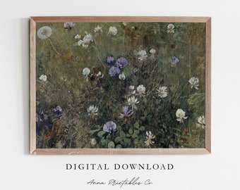 Campo de trébol y dientes de león Pintura al óleo vintage para descarga digital / Cottagecore imprimible arte de pared / Moody Floral Painting Art Prints