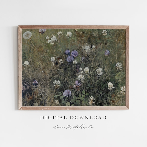 Field of Clover and Dandelions Vintage Oil Painting for Digital Download | Cottagecore Printable Wall Art | Moody Floral Painting Art Prints