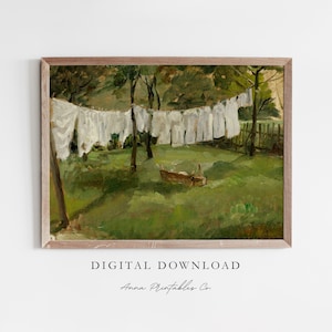 May include: A vintage painting of a clothesline with white laundry hanging in a green grassy field with trees in the background.