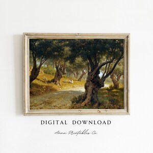 May include: A painting depicting a landscape with olive trees and a dirt path. The trees have gnarled trunks and branches, and the path leads into the distance. There are people in the distance, but they are too small to see clearly.