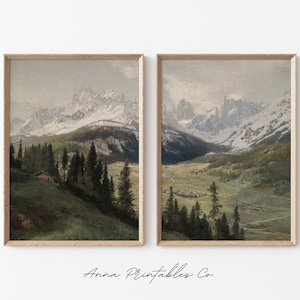 Vintage Mountain Scene Set of 2 Prints | Antique Landscape Painting | Rustic Printable Wall Art | 2 Piece Wall Decor | Fine Art Prints
