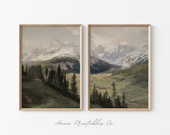 Vintage Mountain Scene Set of 2 Prints | Antique Landscape Painting | Rustic Printable Wall Art | 2 Piece Wall Decor | Fine Art Prints