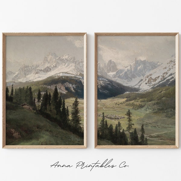 Vintage Mountain Scene Set of 2 Prints | Antique Landscape Painting | Rustic Printable Wall Art | 2 Piece Wall Decor | Fine Art Prints